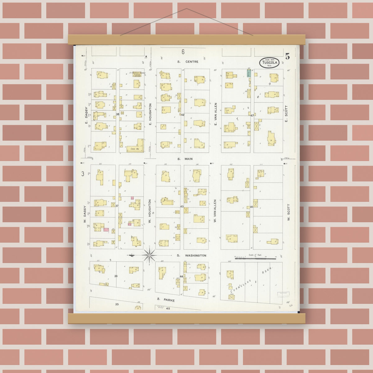 Old map wall art mockup — magnetic wood frame on brick wall — Sanborn Fire Insurance Map from Tuscola, Douglas County, Illinois (1907), Sheet #0005
