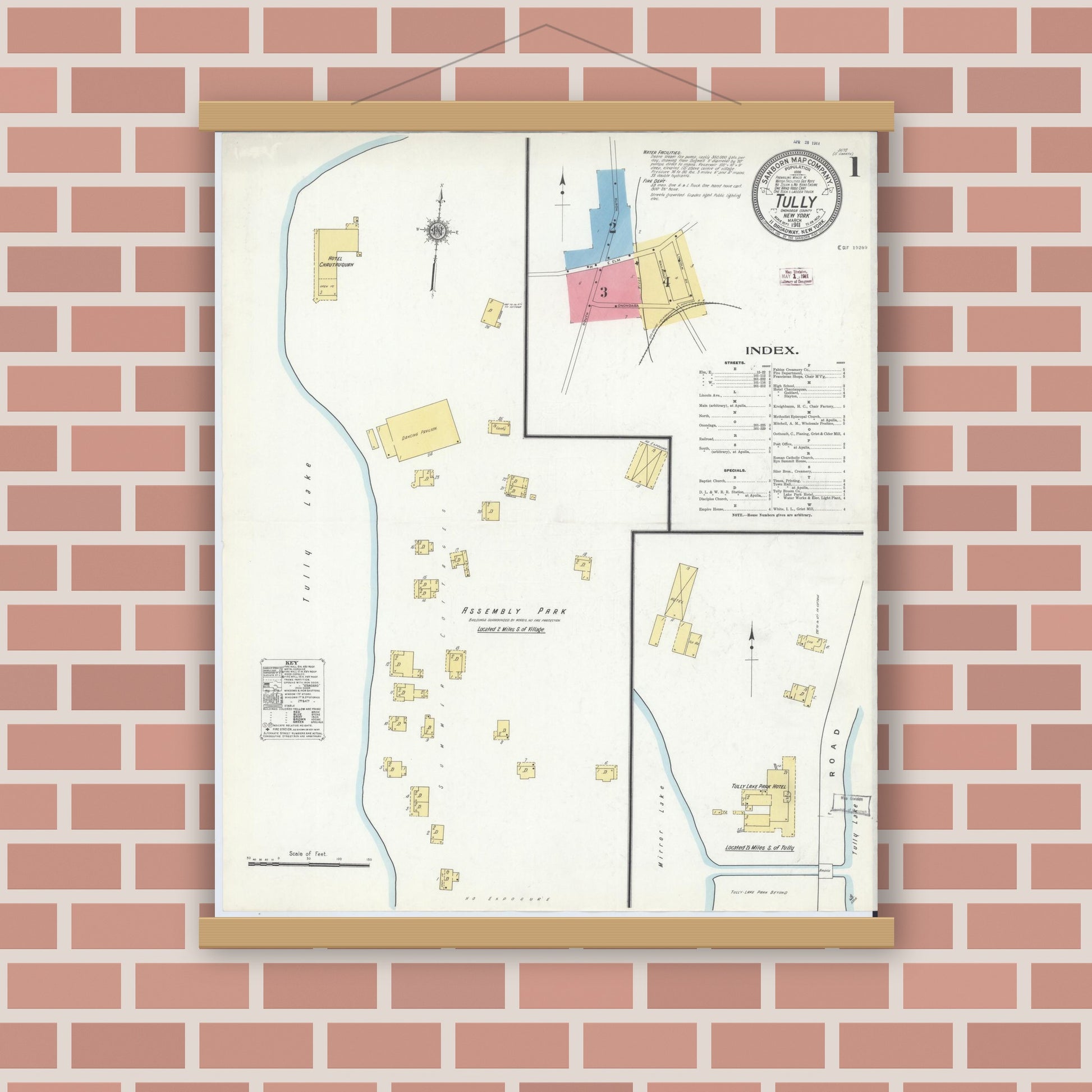 Old map wall art mockup — magnetic wood frame on brick wall — Sanborn Fire Insurance Map from Tully, Onondaga County, New York (1911) - Complete Map Set