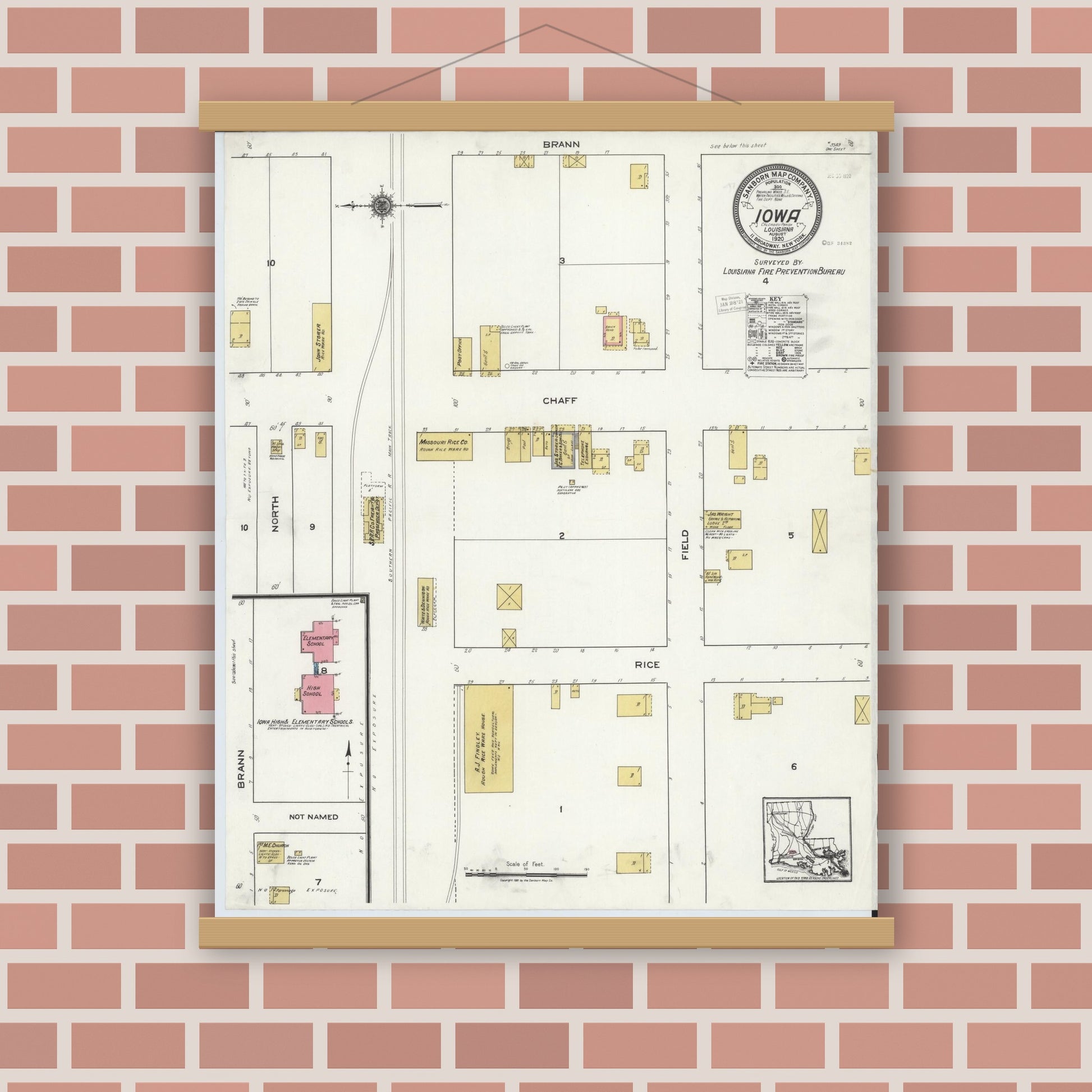 Old map wall art mockup — magnetic wood frame on brick wall — Sanborn Fire Insurance Map from Iowa, Calcasieu Parish, Louisiana (1920), Sheet #0001