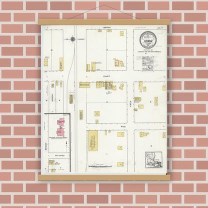Old map wall art mockup — magnetic wood frame on brick wall — Sanborn Fire Insurance Map from Iowa, Calcasieu Parish, Louisiana (1920), Sheet #0001