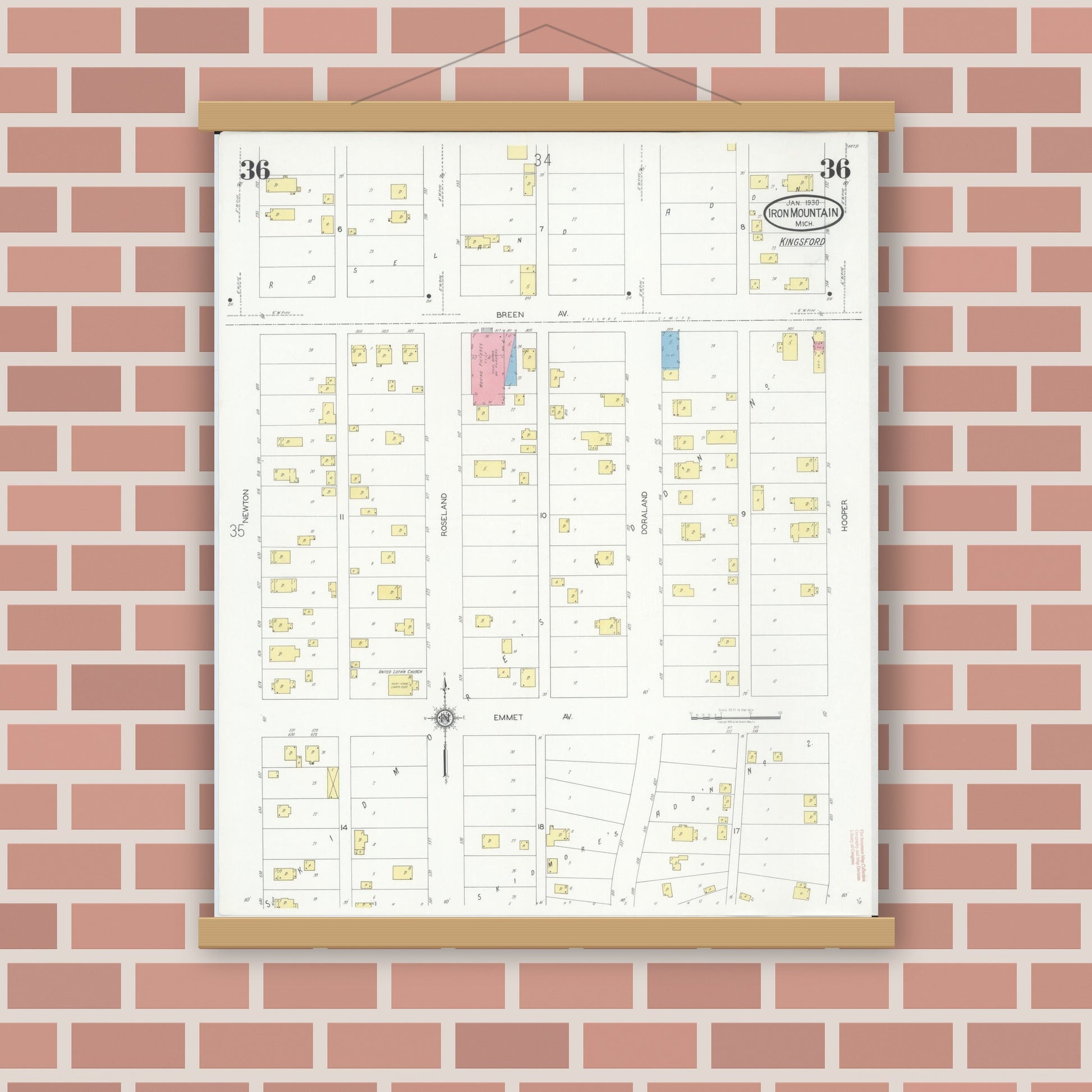 Old map wall art mockup — magnetic wood frame on brick wall — Sanborn Fire Insurance Map from Iron Mountain, Dickinson County, Michigan (1930), Sheet #0036
