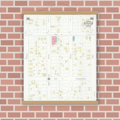 Old map wall art mockup — magnetic wood frame on brick wall — Sanborn Fire Insurance Map from Iron Mountain, Dickinson County, Michigan (1930), Sheet #0036