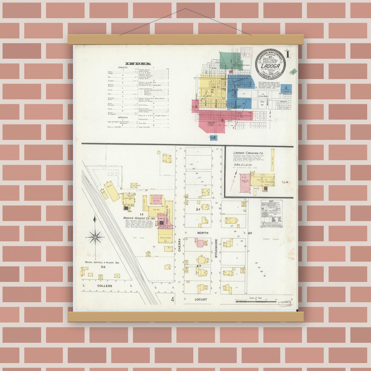 Old map wall art mockup — magnetic wood frame on brick wall — Sanborn Fire Insurance Map from Ladoga, Montgomery County, Indiana (1908) - Complete Map Set