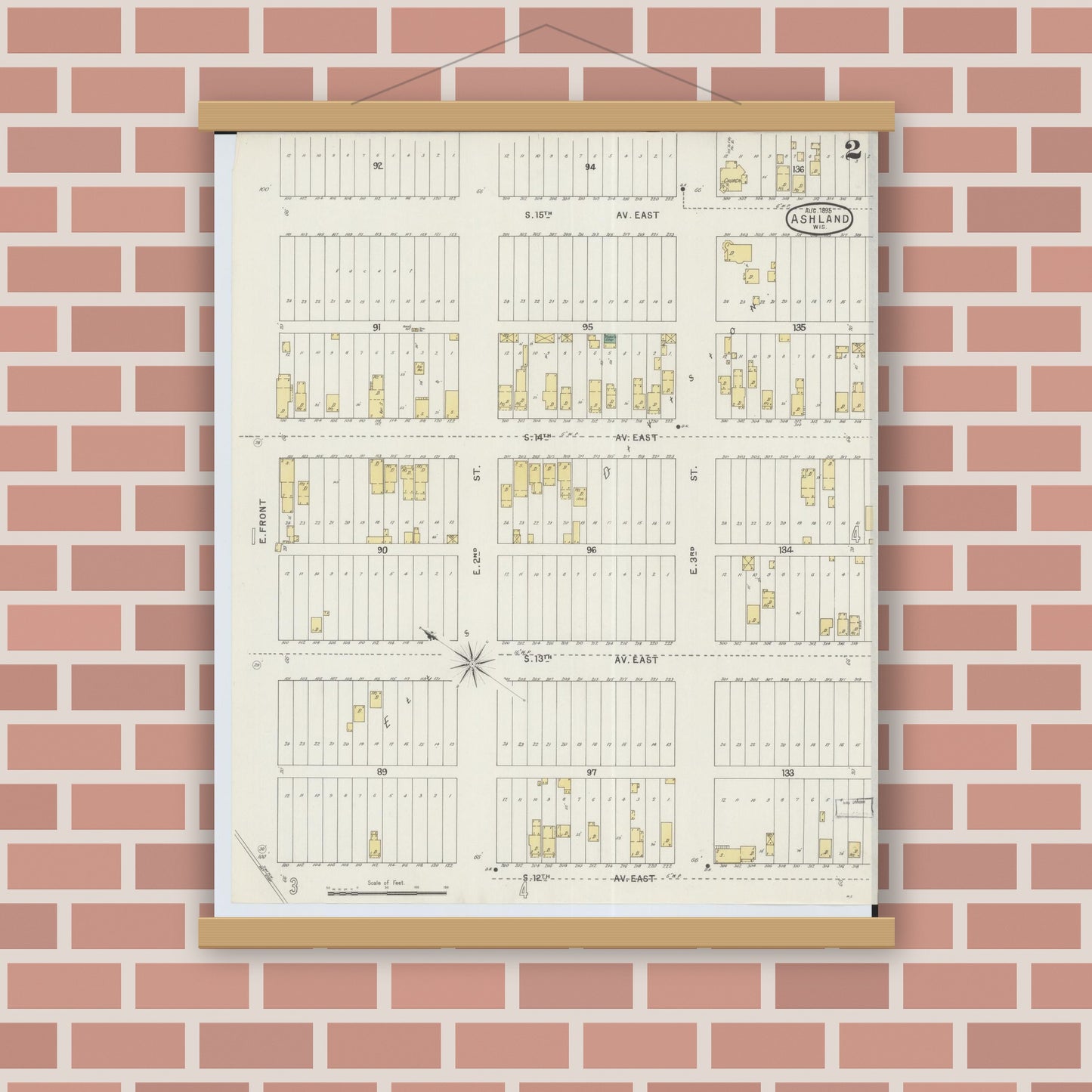 Old map wall art mockup — magnetic wood frame on brick wall — Sanborn Fire Insurance Map from Ashland, Ashland County, Wisconsin (1895), Sheet #0002