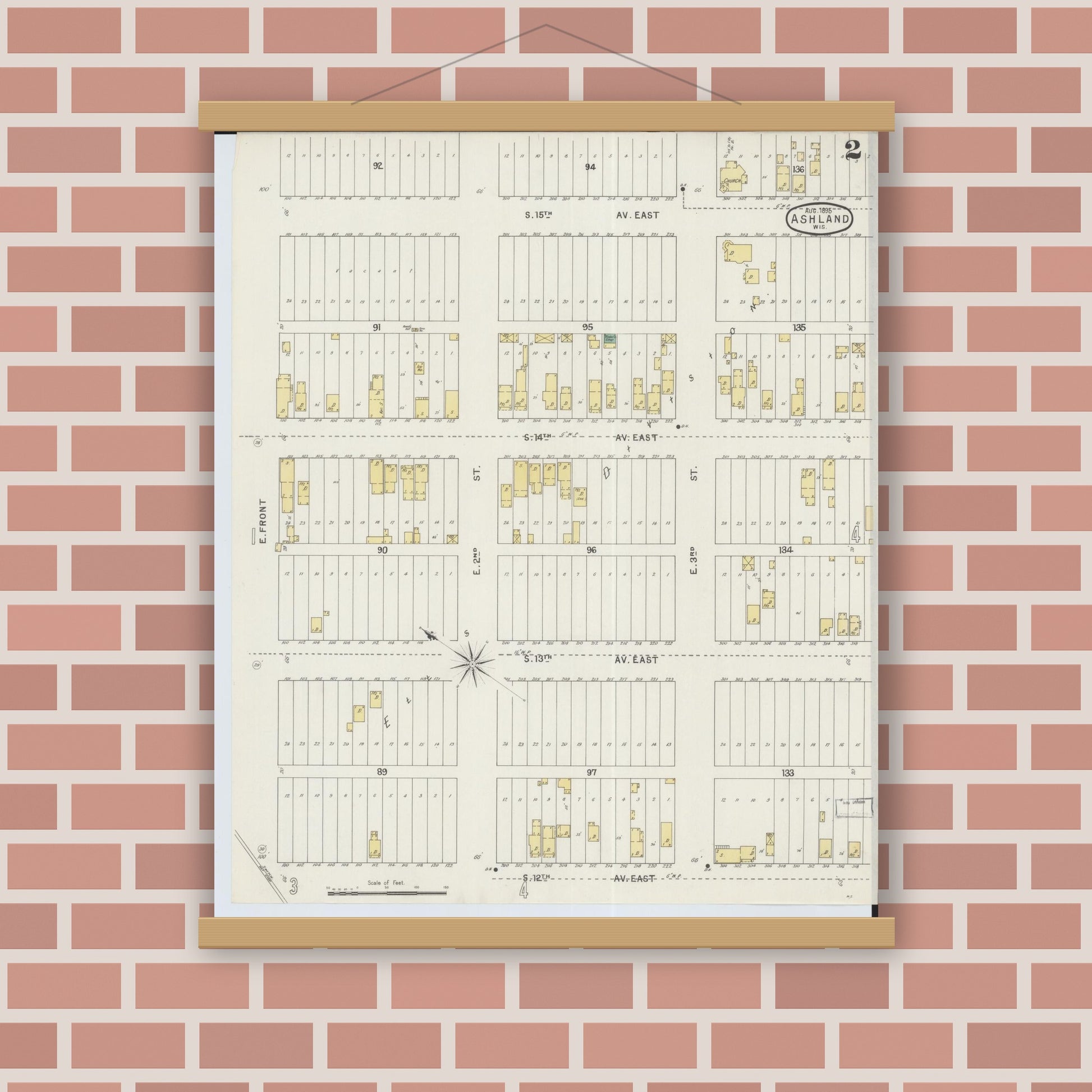 Old map wall art mockup — magnetic wood frame on brick wall — Sanborn Fire Insurance Map from Ashland, Ashland County, Wisconsin (1895), Sheet #0002