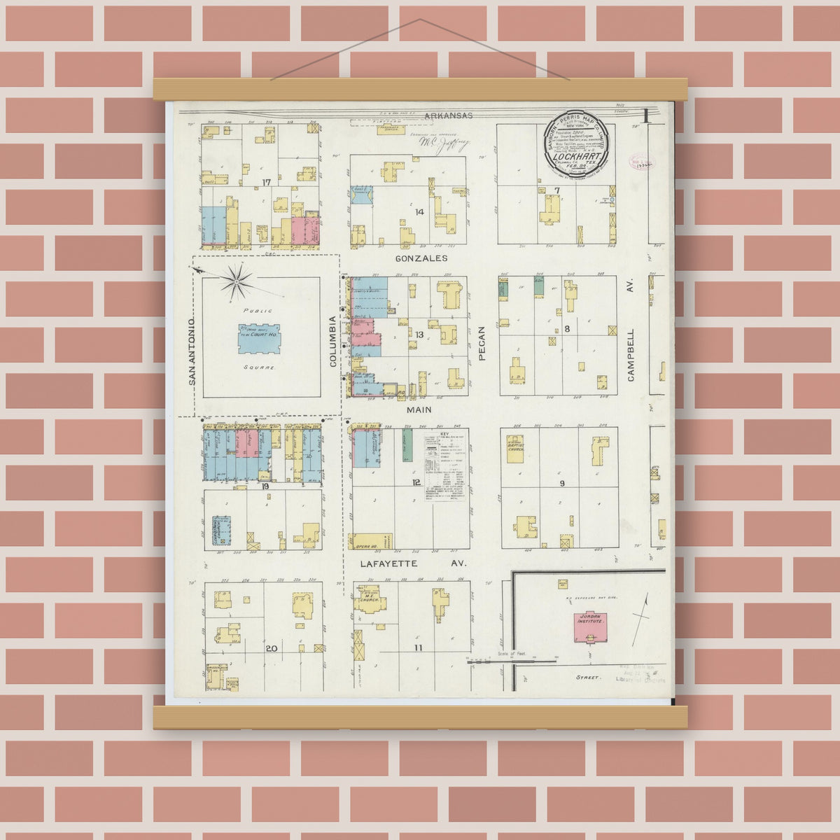 Old map wall art mockup — magnetic wood frame on brick wall — Sanborn Fire Insurance Map from Lockhart, Caldwell County, Texas (1894) - Complete Map Set