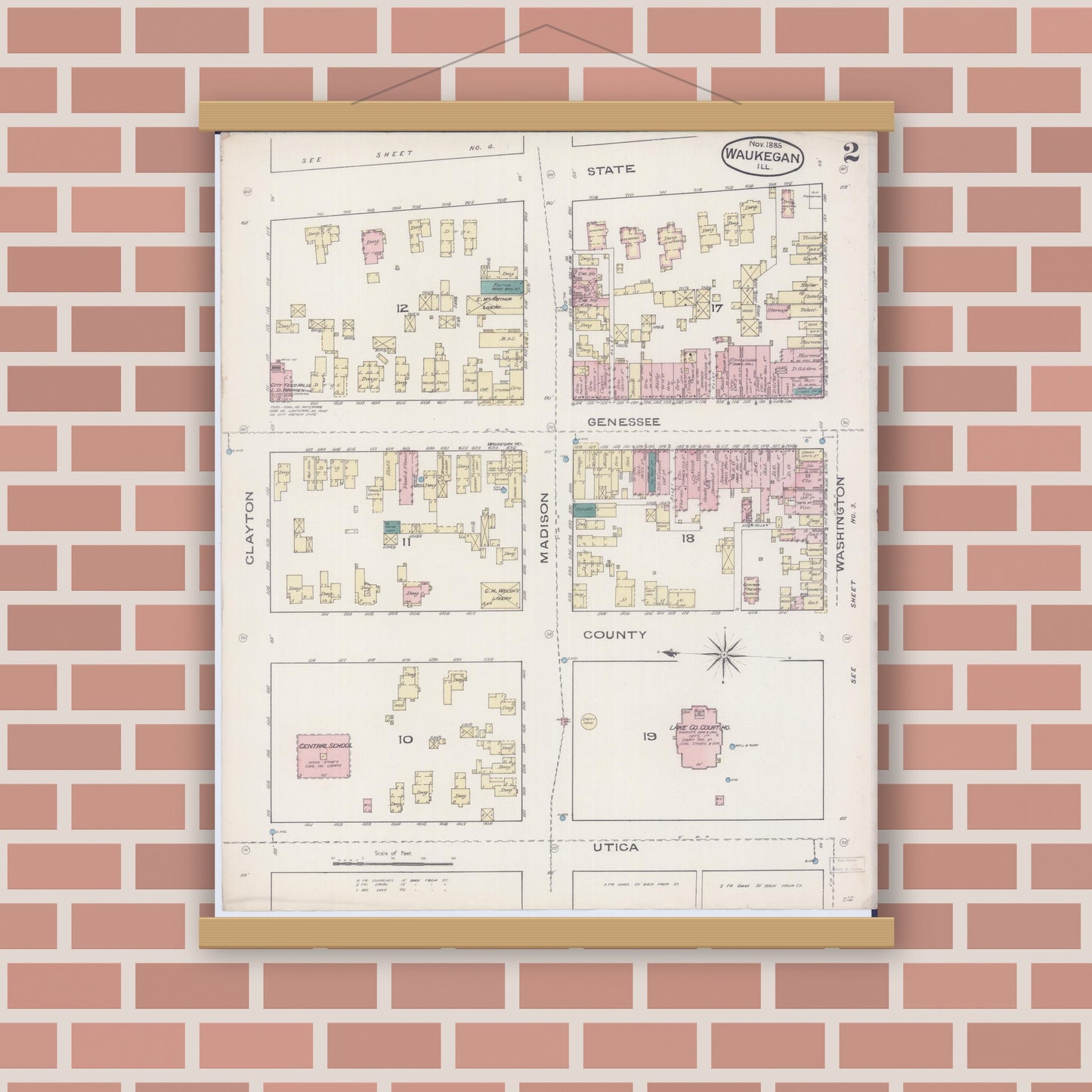 Old map wall art mockup — magnetic wood frame on brick wall — Sanborn Fire Insurance Map from Waukegan, Lake County, Illinois (1885), Sheet #0002