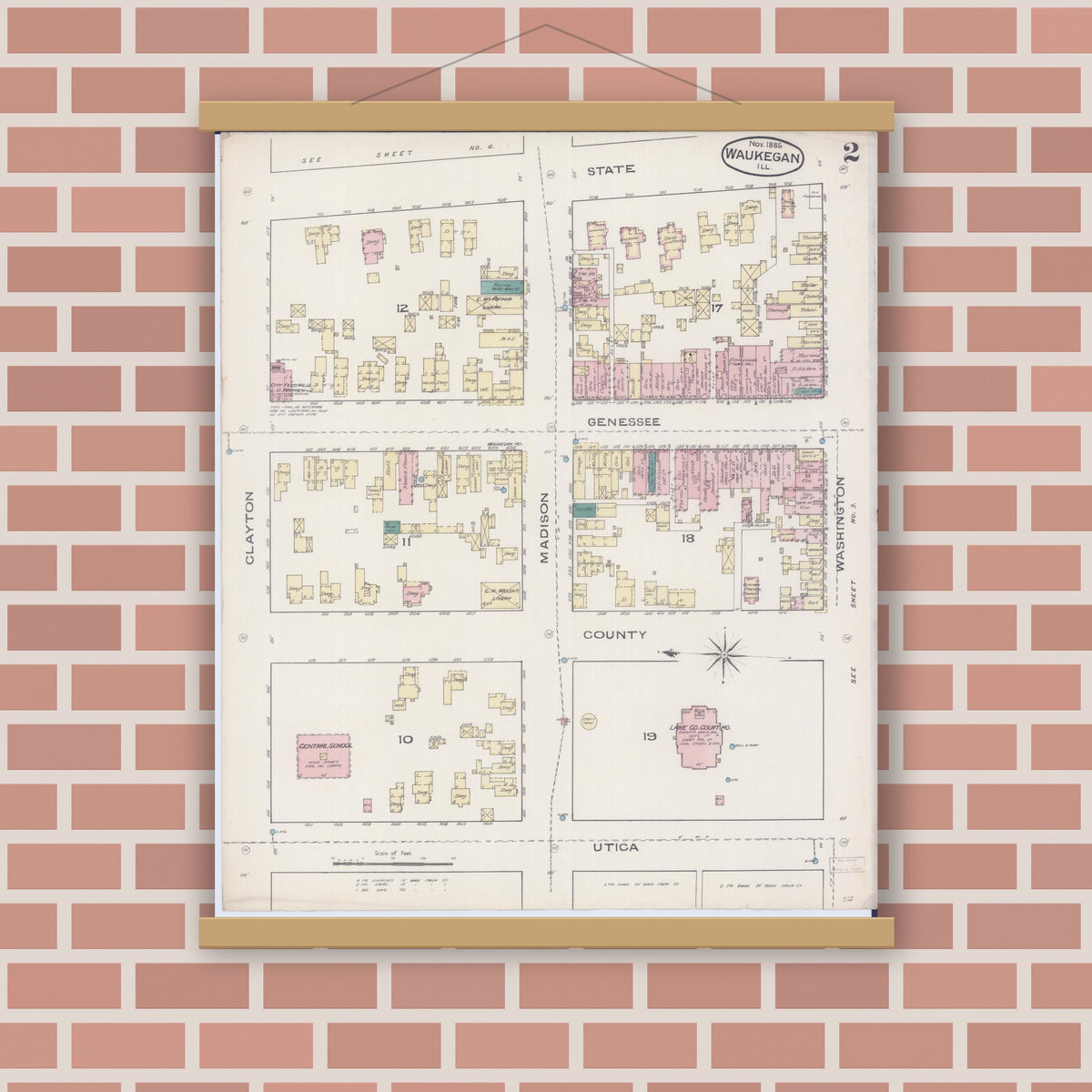 Old map wall art mockup — magnetic wood frame on brick wall — Sanborn Fire Insurance Map from Waukegan, Lake County, Illinois (1885), Sheet #0002