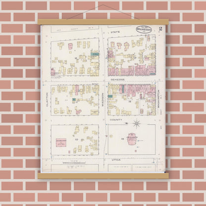 Old map wall art mockup — magnetic wood frame on brick wall — Sanborn Fire Insurance Map from Waukegan, Lake County, Illinois (1885), Sheet #0002