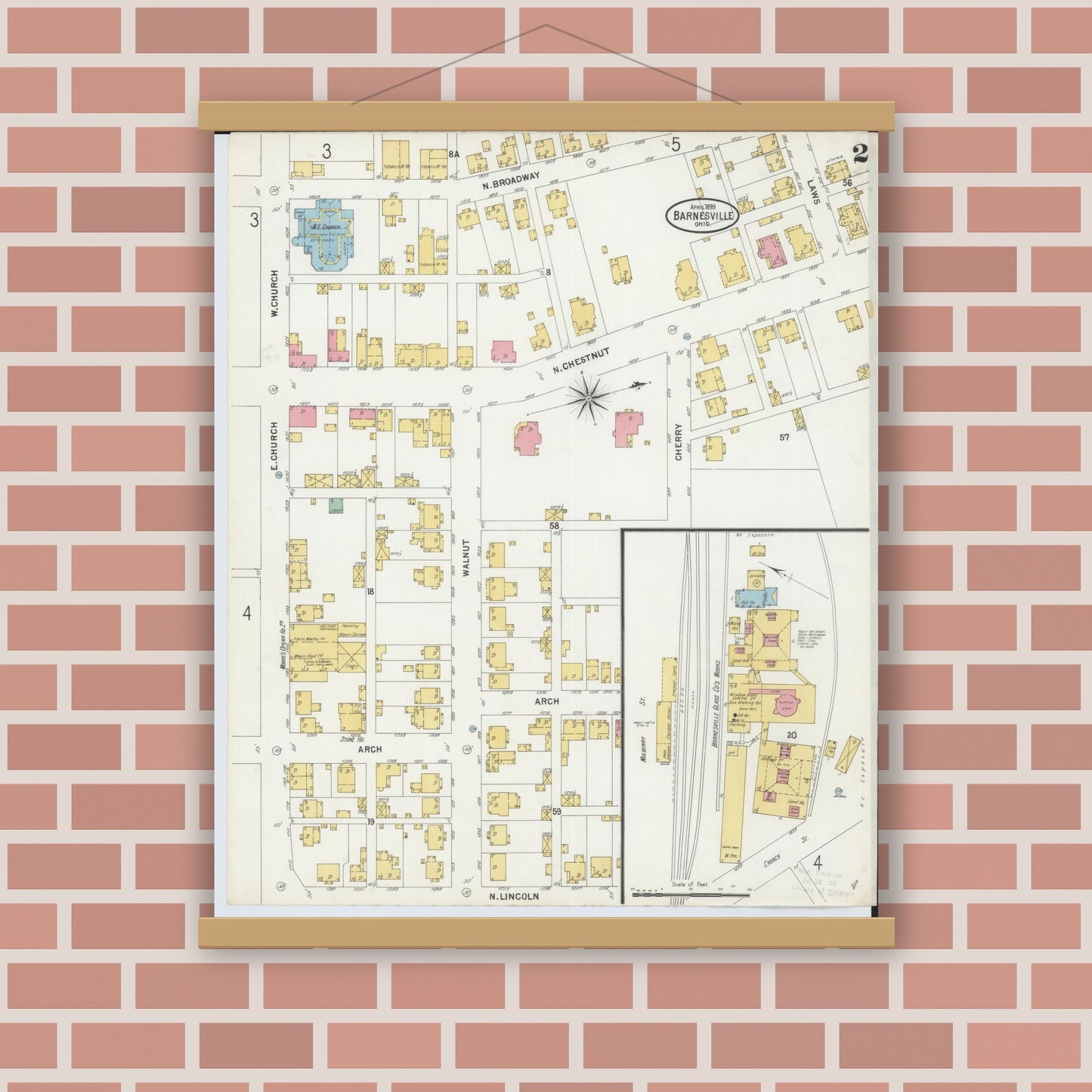 Old map wall art mockup — magnetic wood frame on brick wall — Sanborn Fire Insurance Map from Barnesville, Belmont County, Ohio (1899), Sheet #0002