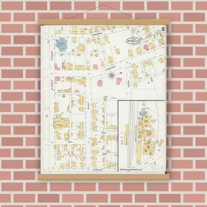 Old map wall art mockup — magnetic wood frame on brick wall — Sanborn Fire Insurance Map from Barnesville, Belmont County, Ohio (1899), Sheet #0002