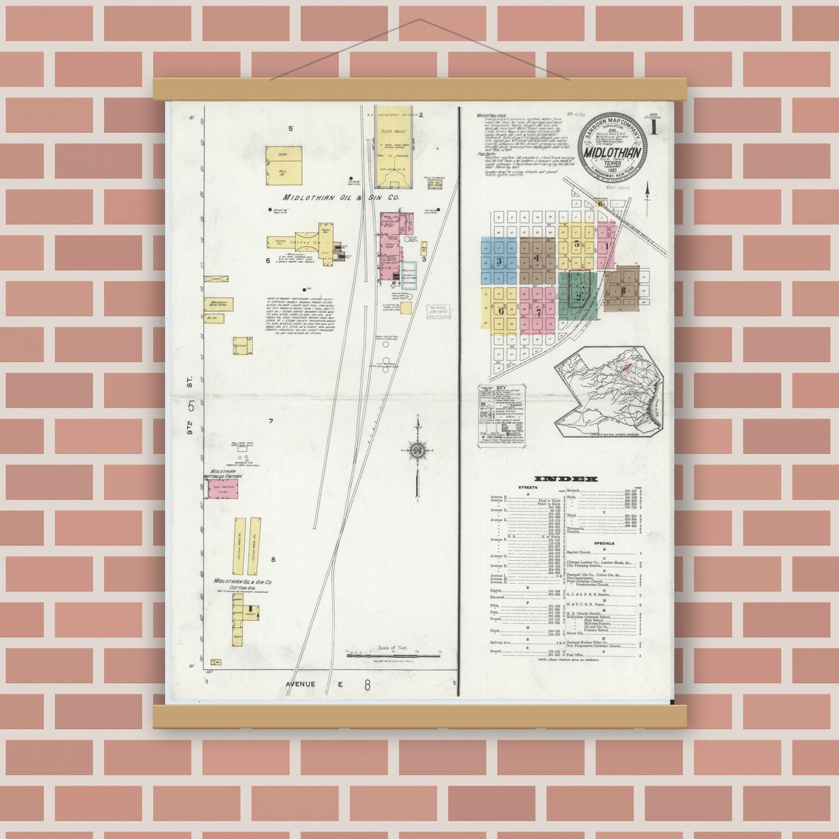 Old map wall art mockup — magnetic wood frame on brick wall — Sanborn Fire Insurance Map from Midlothian, Ellis County, Texas (1921), Sheet #0001
