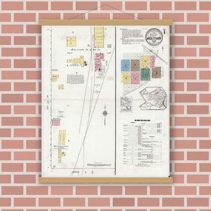 Old map wall art mockup — magnetic wood frame on brick wall — Sanborn Fire Insurance Map from Midlothian, Ellis County, Texas (1921), Sheet #0001