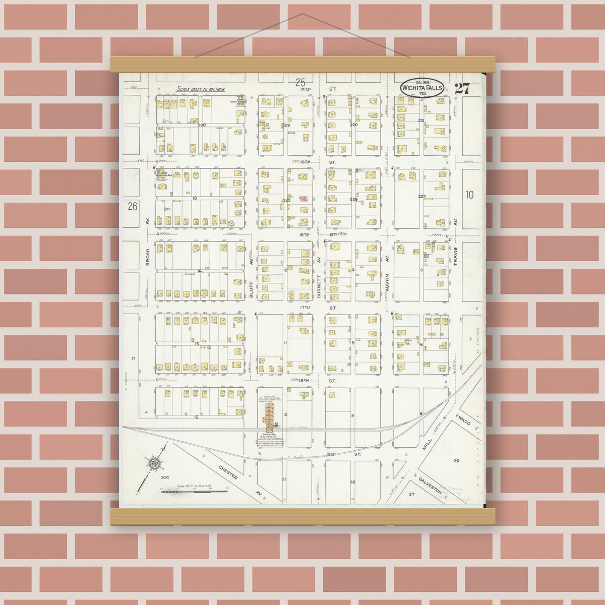 Old map wall art mockup — magnetic wood frame on brick wall — Sanborn Fire Insurance Map from Wichita Falls, Wichita County, Texas (1915), Sheet #0027