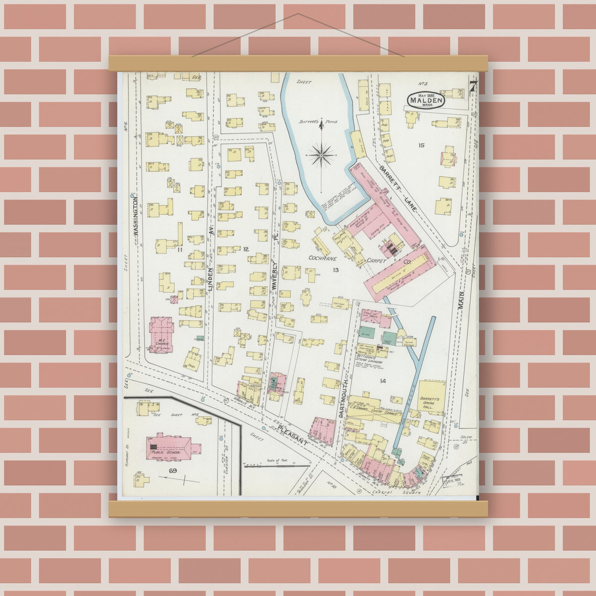 Old map wall art mockup — magnetic wood frame on brick wall — Sanborn Fire Insurance Map from Malden, Middlesex County, Massachusetts (1892), Sheet #0007