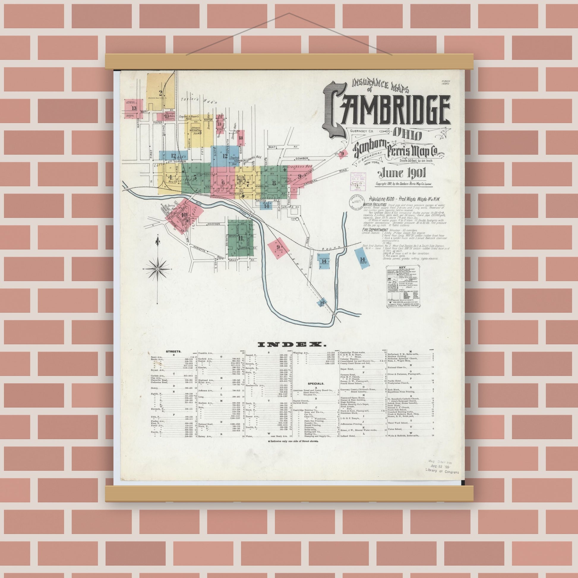 Old map wall art mockup — magnetic wood frame on brick wall — Sanborn Fire Insurance Map from Cambridge, Guernsey County, Ohio (1901), Sheet #0001