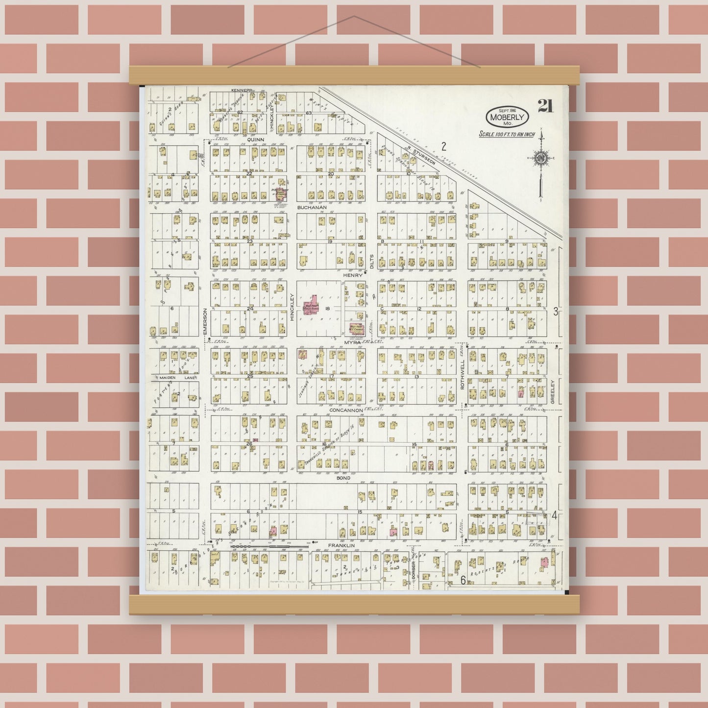 Old map wall art mockup — magnetic wood frame on brick wall — Sanborn Fire Insurance Map from Moberly, Randolph County, Missouri (1916), Sheet #0021