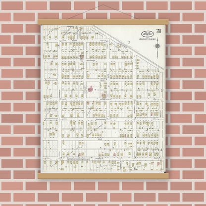 Old map wall art mockup — magnetic wood frame on brick wall — Sanborn Fire Insurance Map from Moberly, Randolph County, Missouri (1916), Sheet #0021