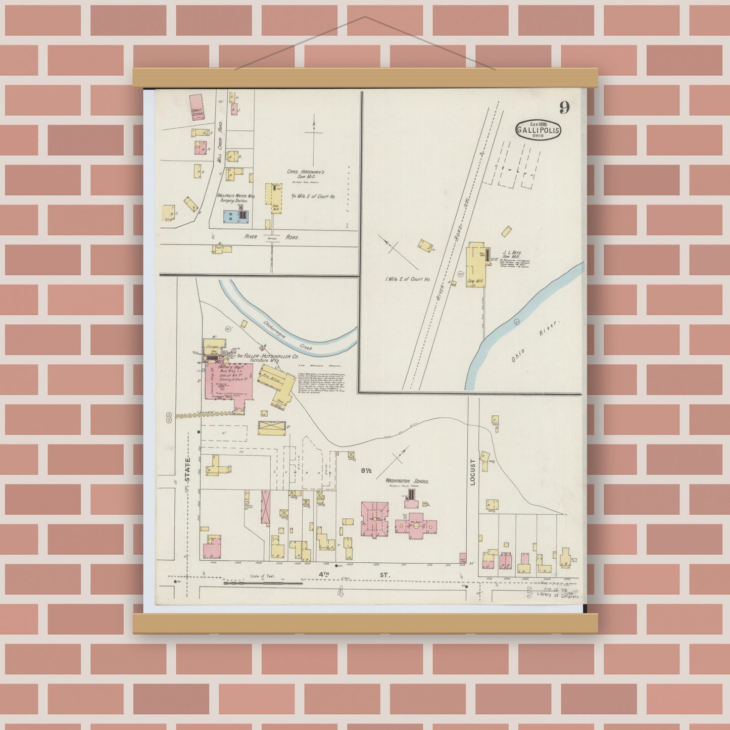 Old map wall art mockup — magnetic wood frame on brick wall — Sanborn Fire Insurance Map from Gallipolis, Gallia County, Ohio (1895), Sheet #0009