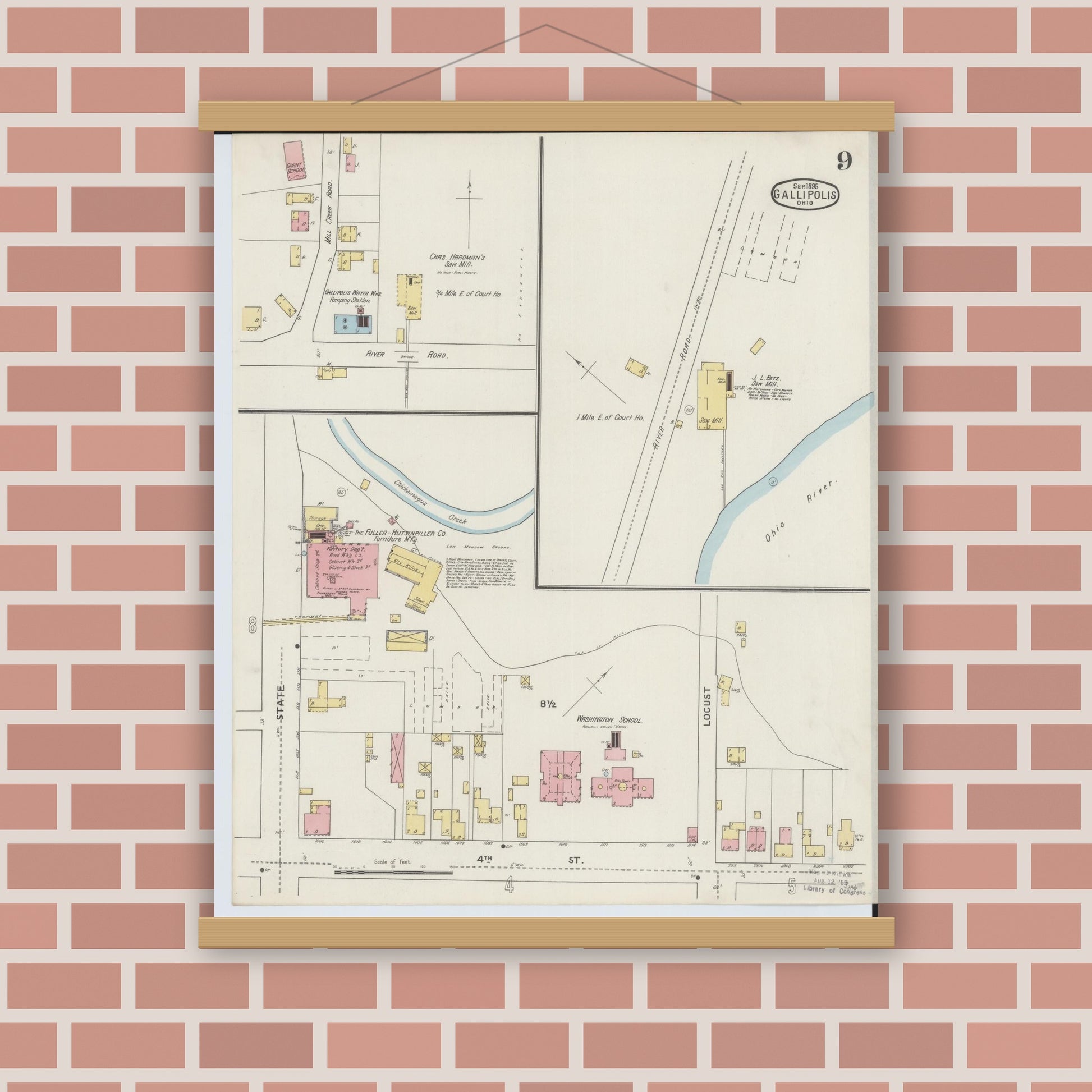 Old map wall art mockup — magnetic wood frame on brick wall — Sanborn Fire Insurance Map from Gallipolis, Gallia County, Ohio (1895), Sheet #0009