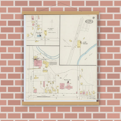 Old map wall art mockup — magnetic wood frame on brick wall — Sanborn Fire Insurance Map from Gallipolis, Gallia County, Ohio (1895), Sheet #0009