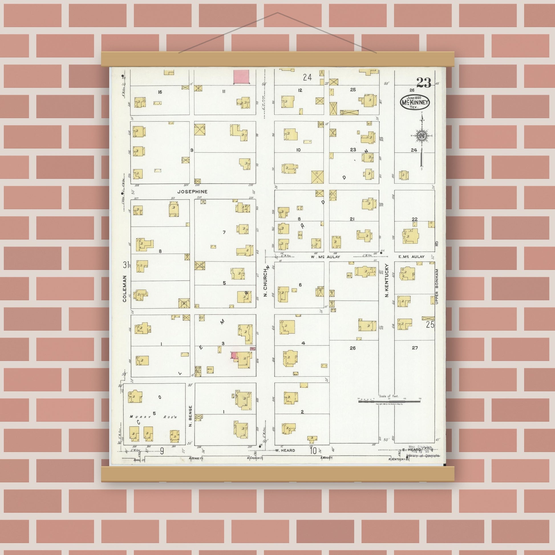 Old map wall art mockup — magnetic wood frame on brick wall — Sanborn Fire Insurance Map from McKinney, Collin County, Texas (1920), Sheet #0023