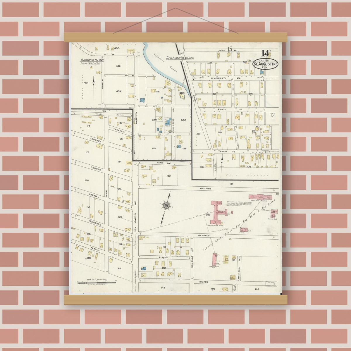 Old map wall art mockup — magnetic wood frame on brick wall — Sanborn Fire Insurance Map from Saint Augustine, Saint John's County, Florida (1917), Sheet #0014