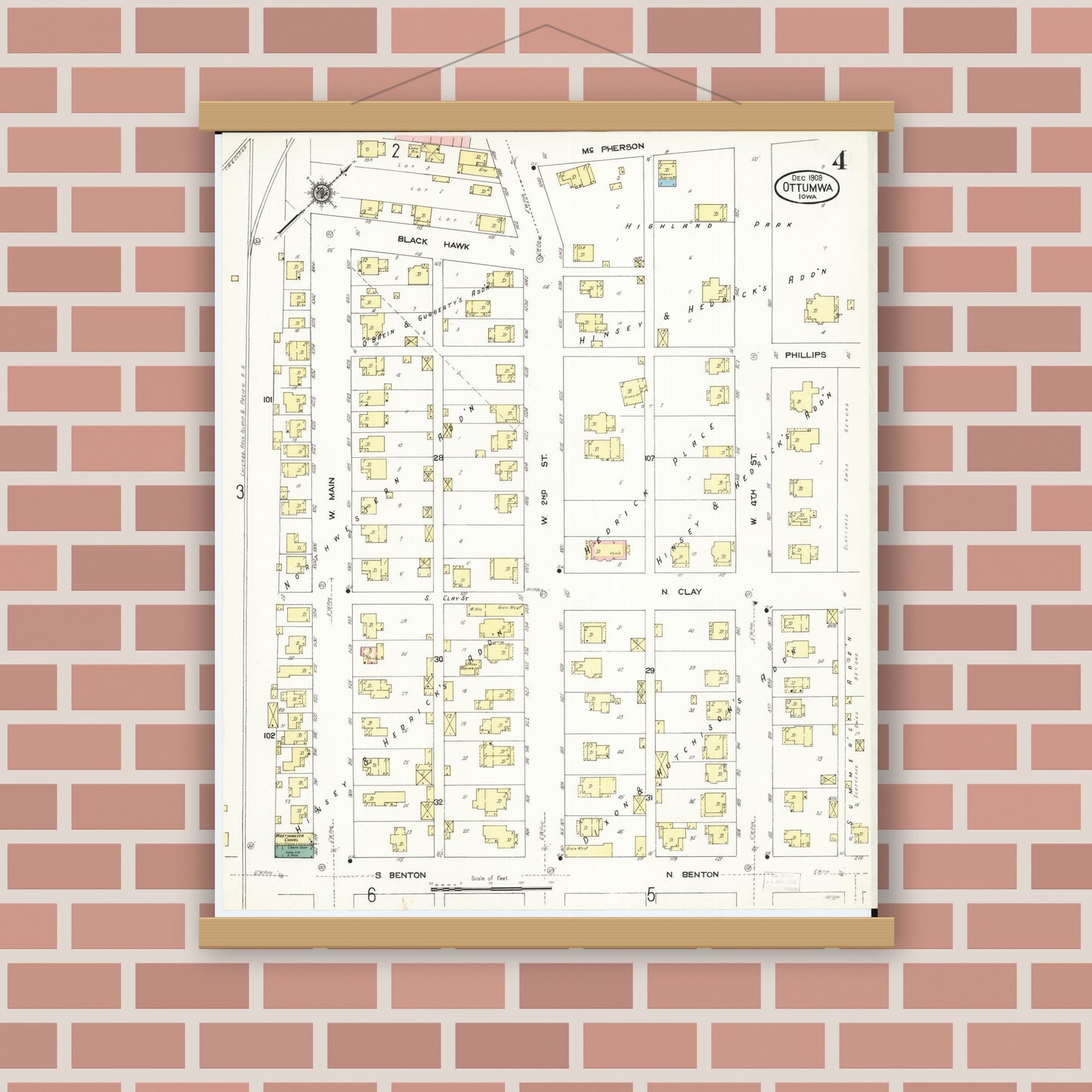 Old map wall art mockup — magnetic wood frame on brick wall — Sanborn Fire Insurance Map from Ottumwa, Wapello County, Iowa (1909), Sheet #0004