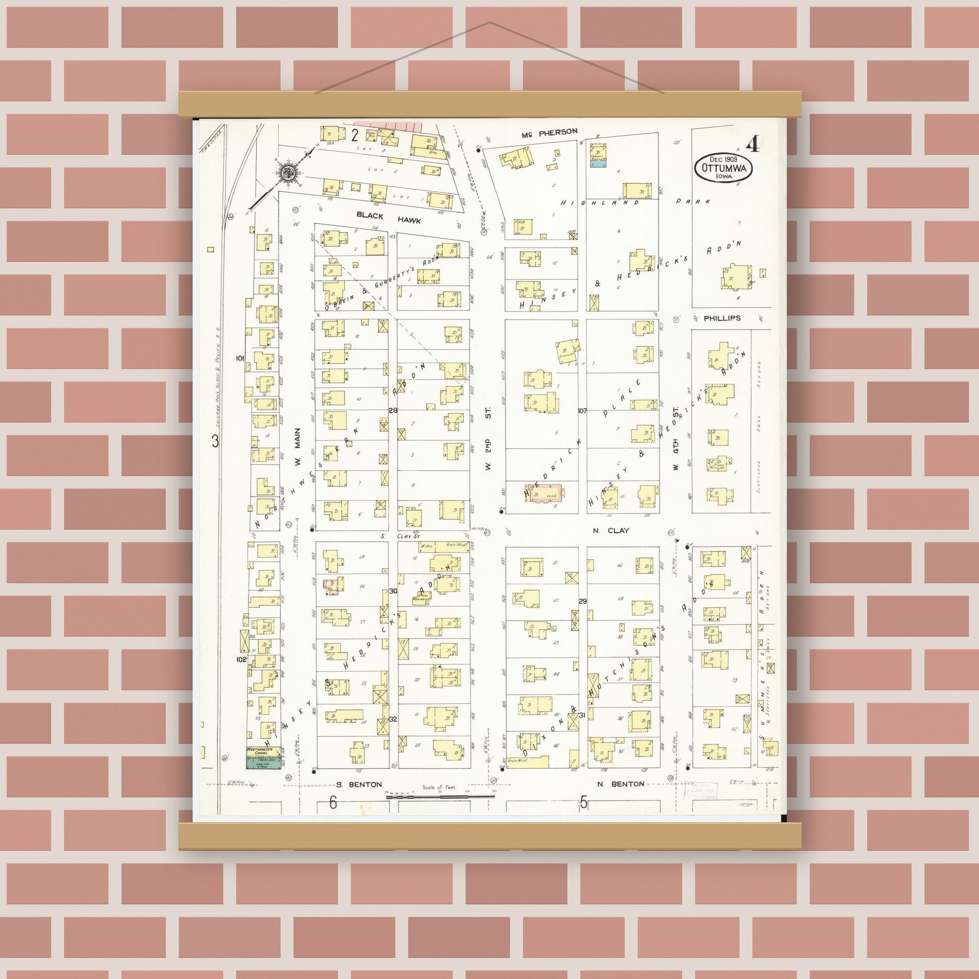 Old map wall art mockup — magnetic wood frame on brick wall — Sanborn Fire Insurance Map from Ottumwa, Wapello County, Iowa (1909), Sheet #0004