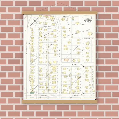 Old map wall art mockup — magnetic wood frame on brick wall — Sanborn Fire Insurance Map from Ottumwa, Wapello County, Iowa (1909), Sheet #0004