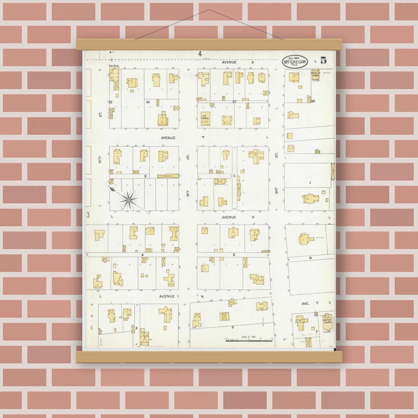 Old map wall art mockup — magnetic wood frame on brick wall — Sanborn Fire Insurance Map from McGregor, McLennan County, Texas (1904), Sheet #0005