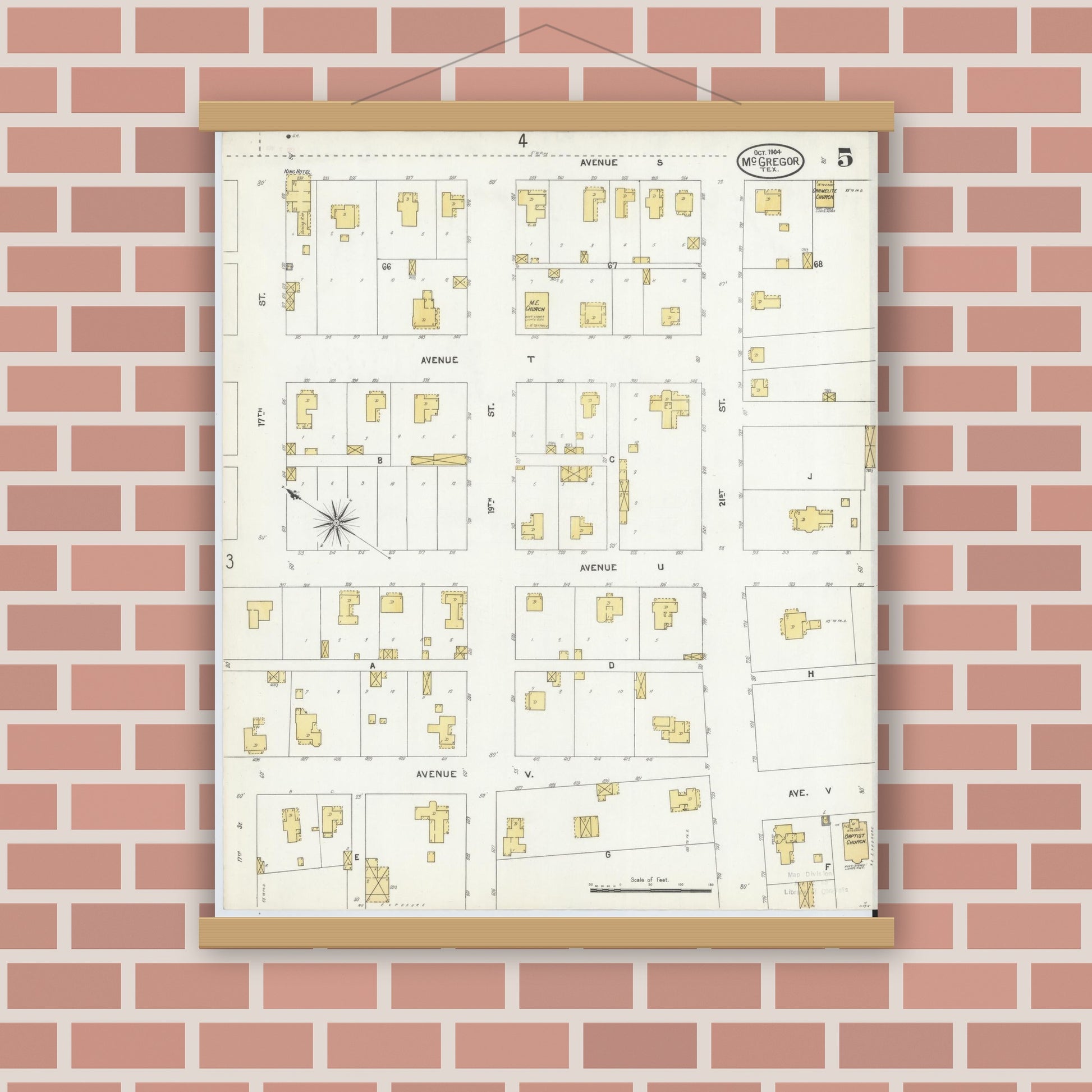 Old map wall art mockup — magnetic wood frame on brick wall — Sanborn Fire Insurance Map from McGregor, McLennan County, Texas (1904), Sheet #0005