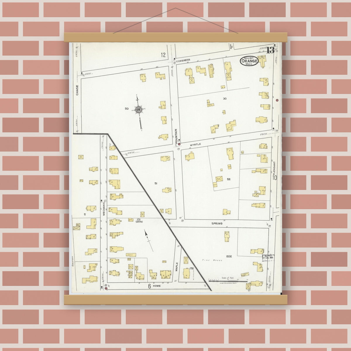 Old map wall art mockup — magnetic wood frame on brick wall — Sanborn Fire Insurance Map from Orange, Franklin County, Massachusetts (1917), Sheet #0013