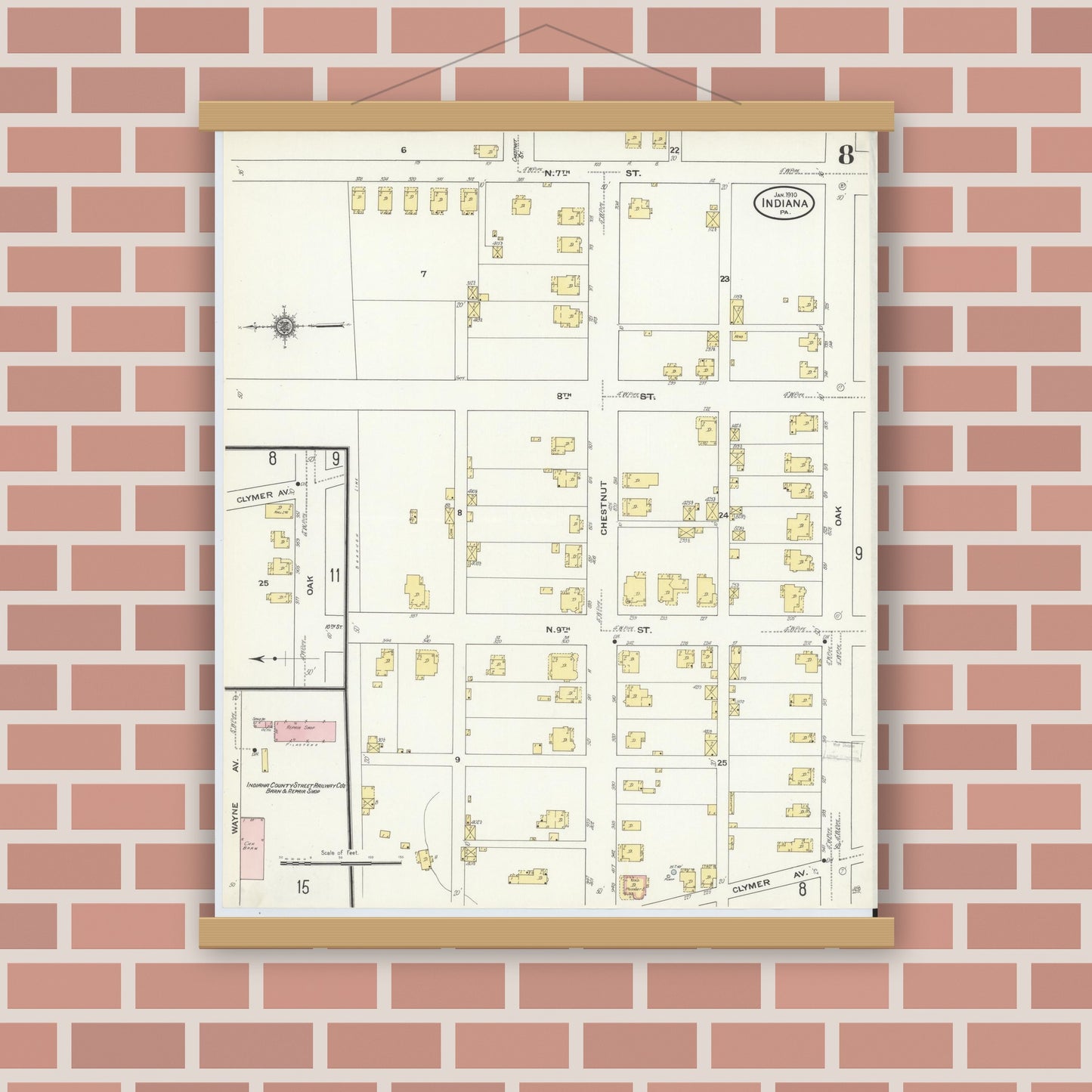 Old map wall art mockup — magnetic wood frame on brick wall — Sanborn Fire Insurance Map from Indiana, Indiana County, Pennsylvania (1910), Sheet #0008