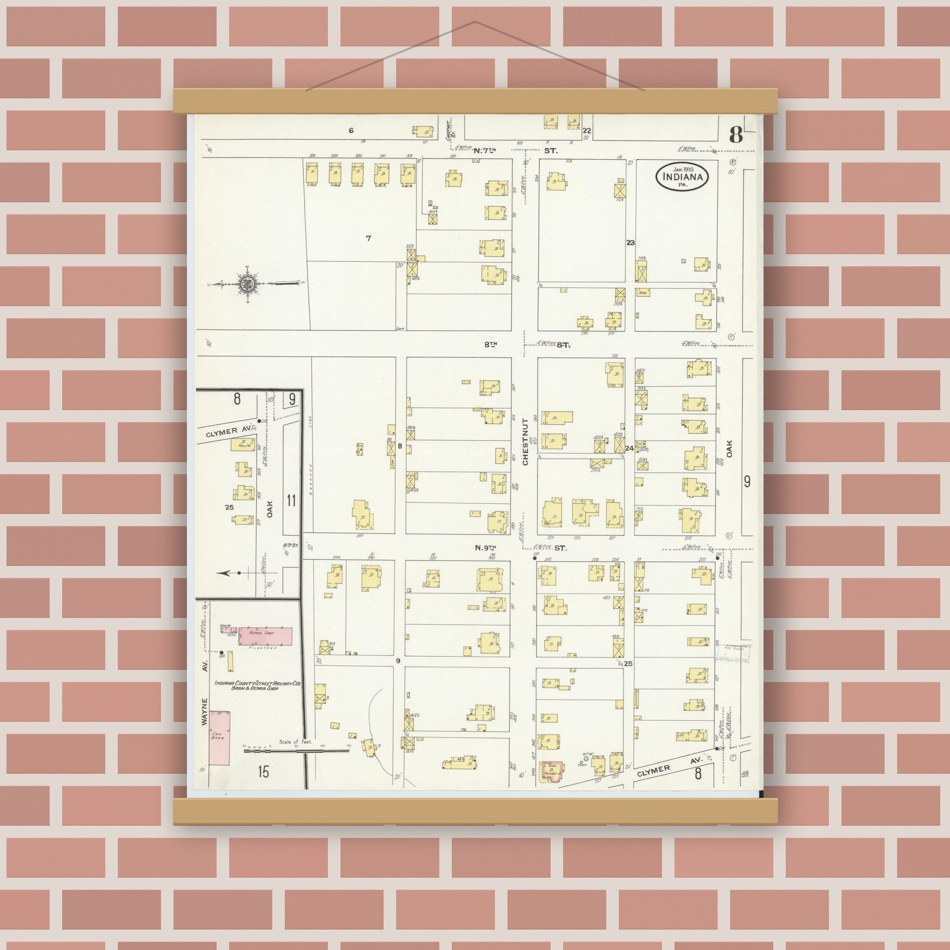 Old map wall art mockup — magnetic wood frame on brick wall — Sanborn Fire Insurance Map from Indiana, Indiana County, Pennsylvania (1910), Sheet #0008