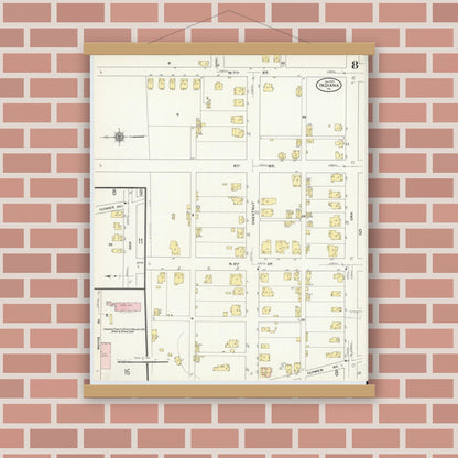 Old map wall art mockup — magnetic wood frame on brick wall — Sanborn Fire Insurance Map from Indiana, Indiana County, Pennsylvania (1910), Sheet #0008