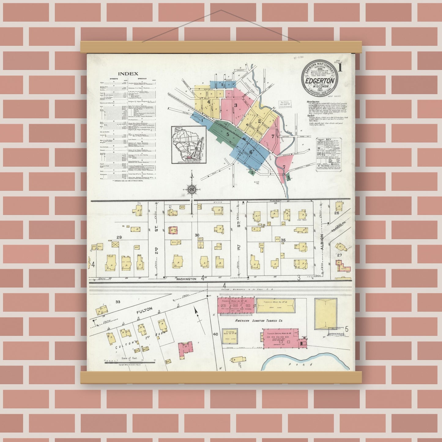 Old map wall art mockup — magnetic wood frame on brick wall — Sanborn Fire Insurance Map from Edgerton, Rock County, Wisconsin (1920) - Complete Map Set