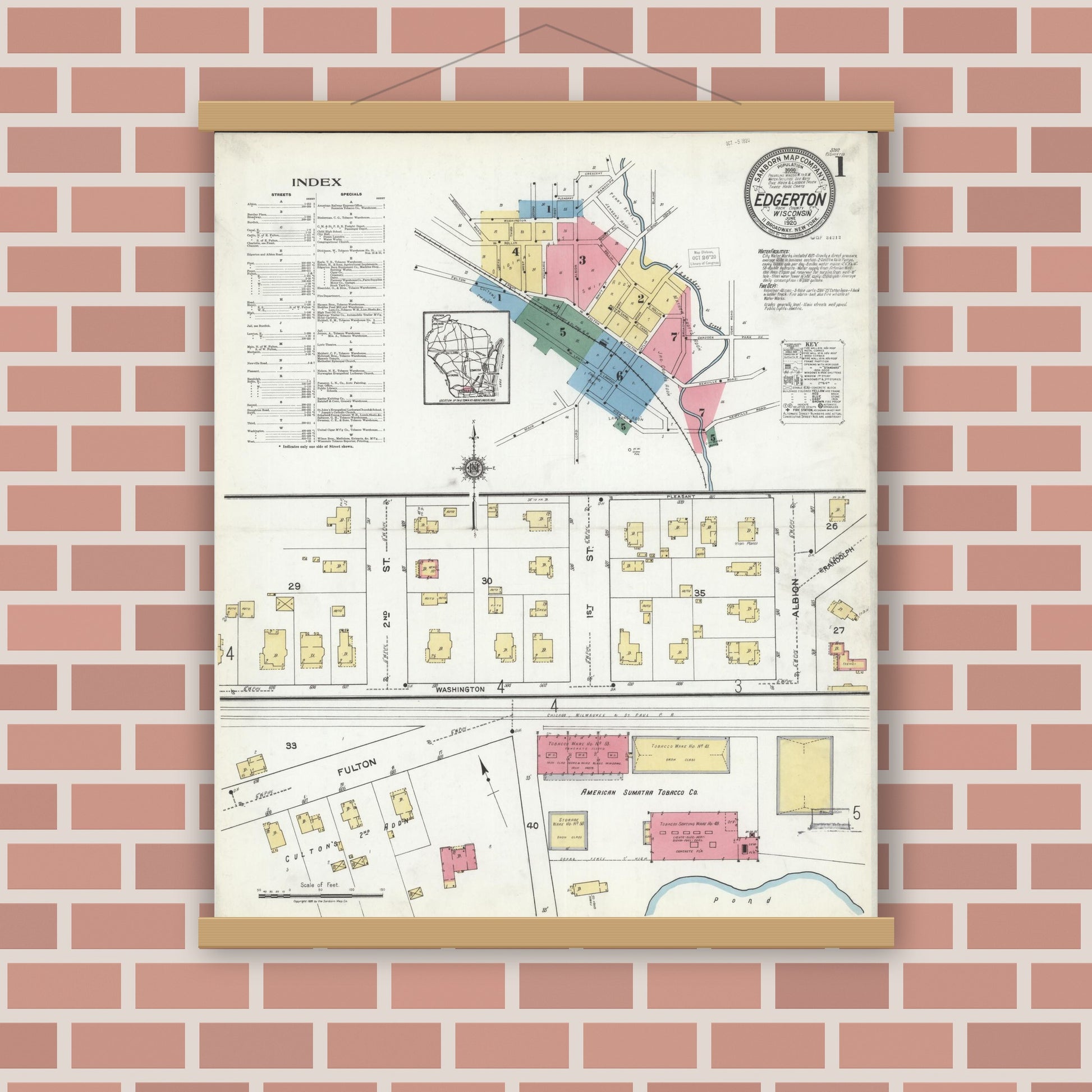 Old map wall art mockup — magnetic wood frame on brick wall — Sanborn Fire Insurance Map from Edgerton, Rock County, Wisconsin (1920) - Complete Map Set