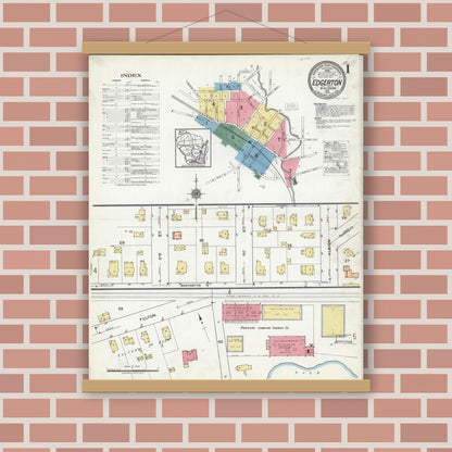 Old map wall art mockup — magnetic wood frame on brick wall — Sanborn Fire Insurance Map from Edgerton, Rock County, Wisconsin (1920) - Complete Map Set