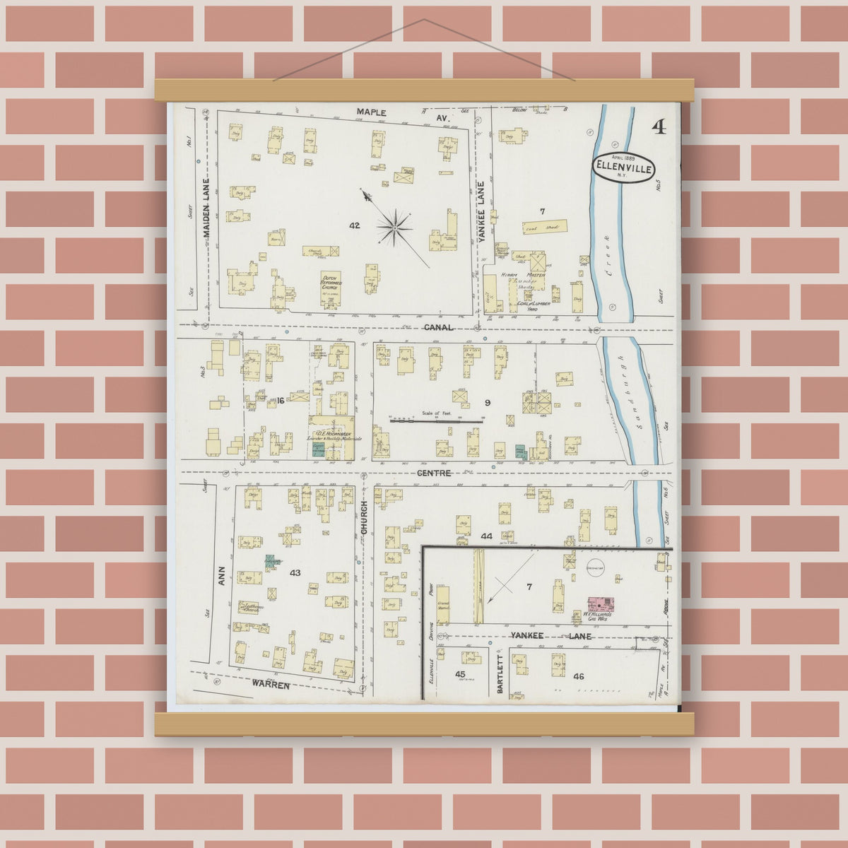Old map wall art mockup — magnetic wood frame on brick wall — Sanborn Fire Insurance Map from Ellenville, Ulster County, New York (1889), Sheet #0004