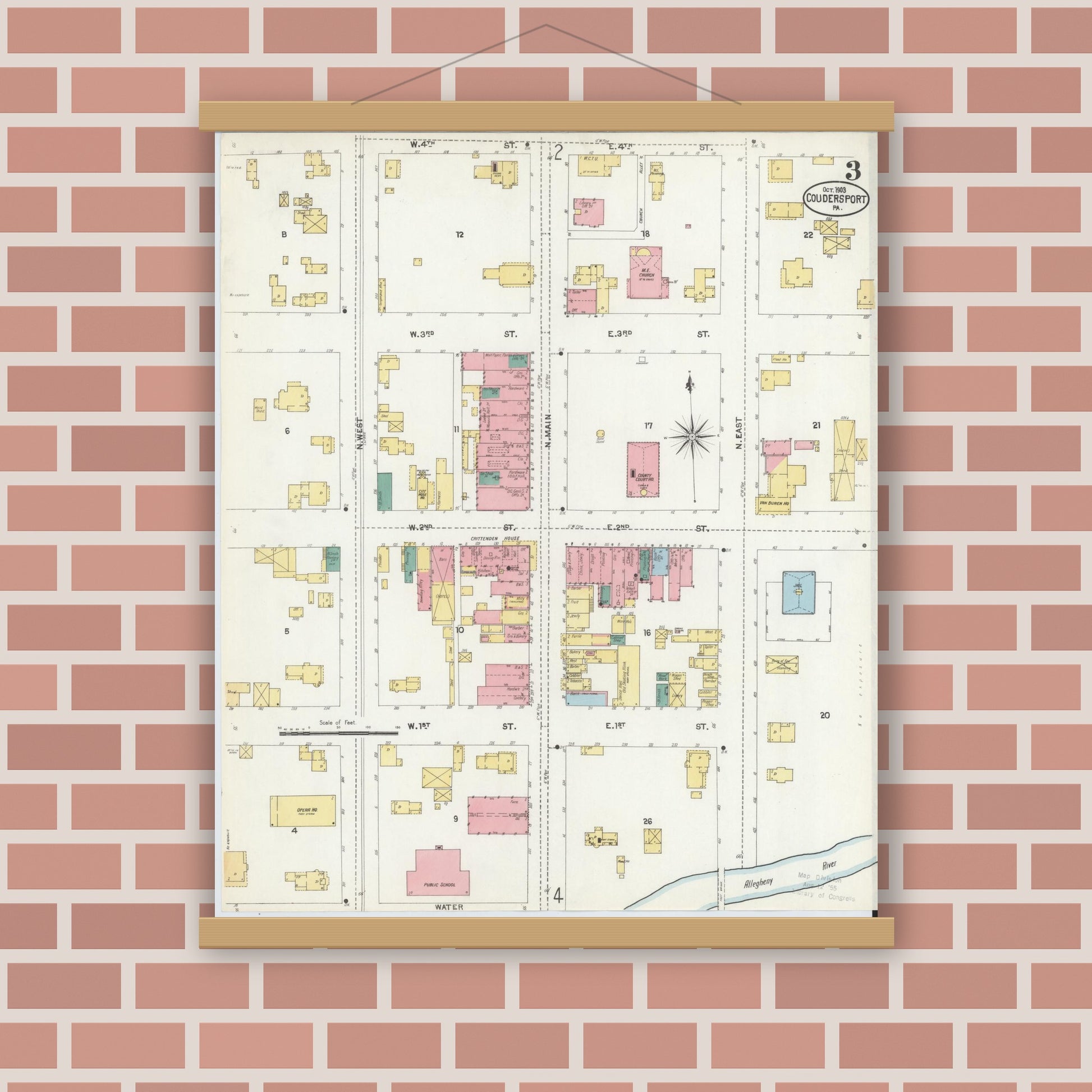 Old map wall art mockup — magnetic wood frame on brick wall — Sanborn Fire Insurance Map from Coudersport, Potter County, Pennsylvania (1903), Sheet #0003