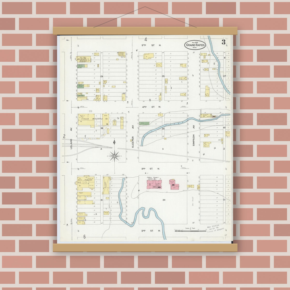Old map wall art mockup — magnetic wood frame on brick wall — Sanborn Fire Insurance Map from Grand Rapids, Itasca County, Minnesota (1908), Sheet #0003