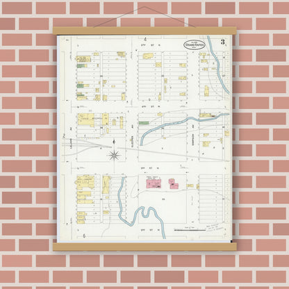 Old map wall art mockup — magnetic wood frame on brick wall — Sanborn Fire Insurance Map from Grand Rapids, Itasca County, Minnesota (1908), Sheet #0003