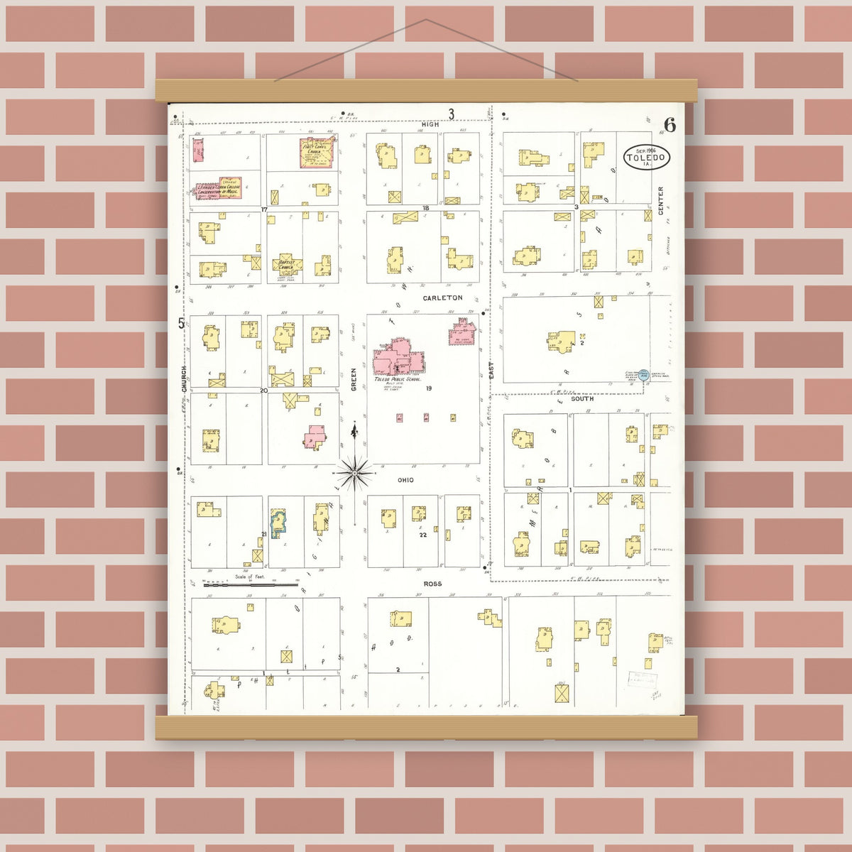 Old map wall art mockup — magnetic wood frame on brick wall — Sanborn Fire Insurance Map from Toledo, Tama County, Iowa (1906), Sheet #0006