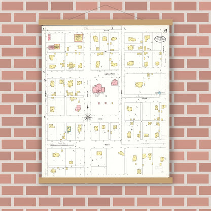 Old map wall art mockup — magnetic wood frame on brick wall — Sanborn Fire Insurance Map from Toledo, Tama County, Iowa (1906), Sheet #0006
