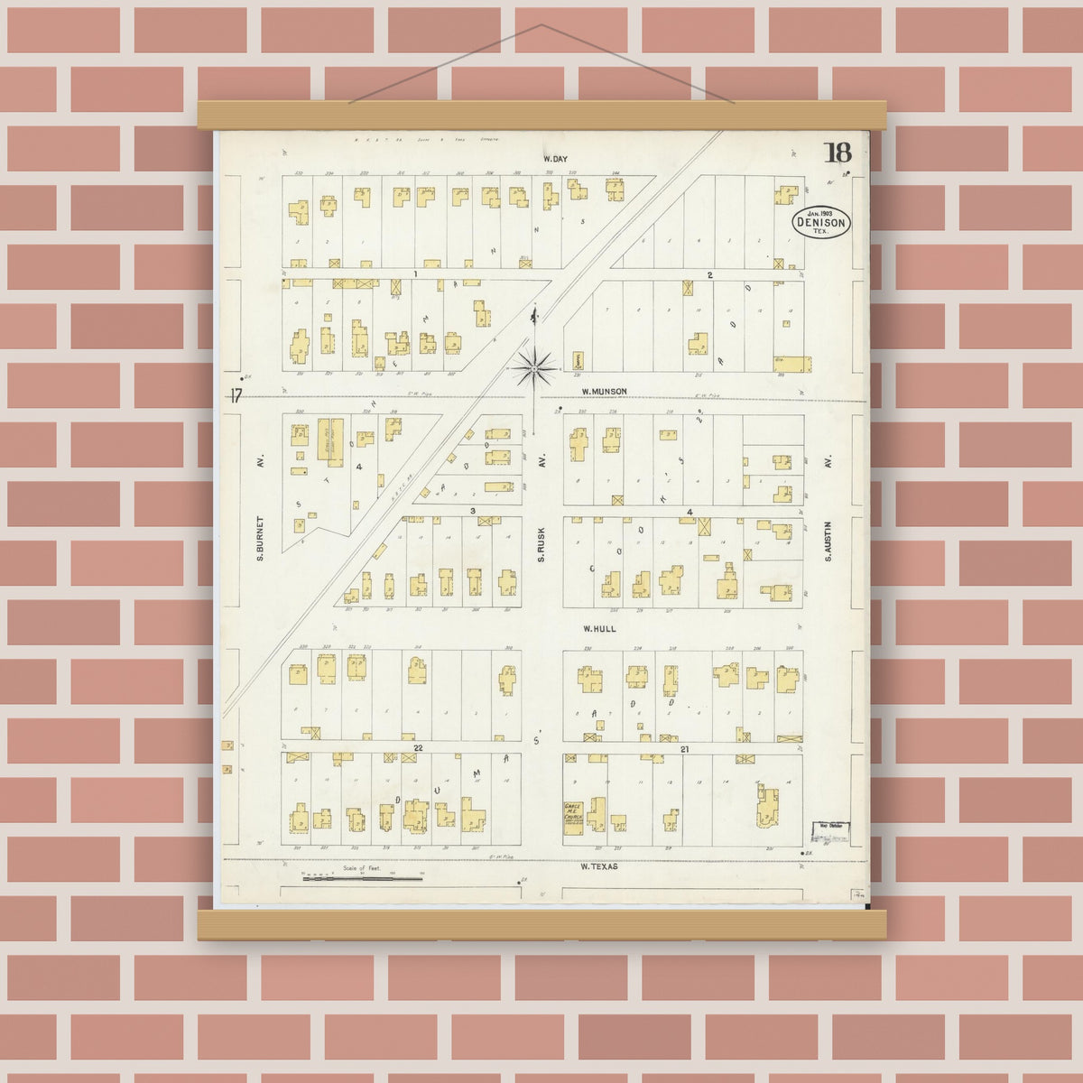 Old map wall art mockup — magnetic wood frame on brick wall — Sanborn Fire Insurance Map from Denison, Grayson County, Texas (1903), Sheet #0018