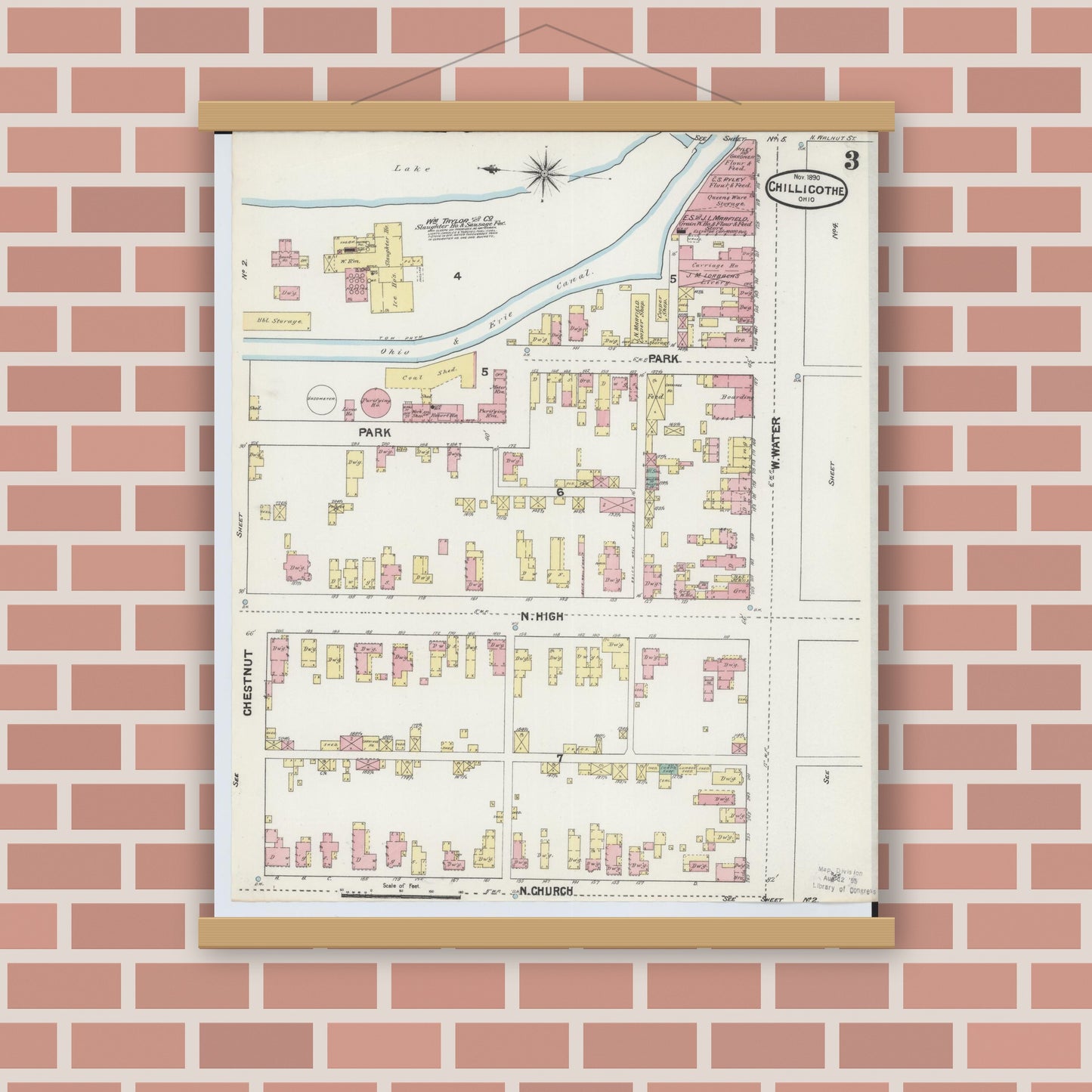 Old map wall art mockup — magnetic wood frame on brick wall — Sanborn Fire Insurance Map from Chillicothe, Ross County, Ohio (1890), Sheet #0003