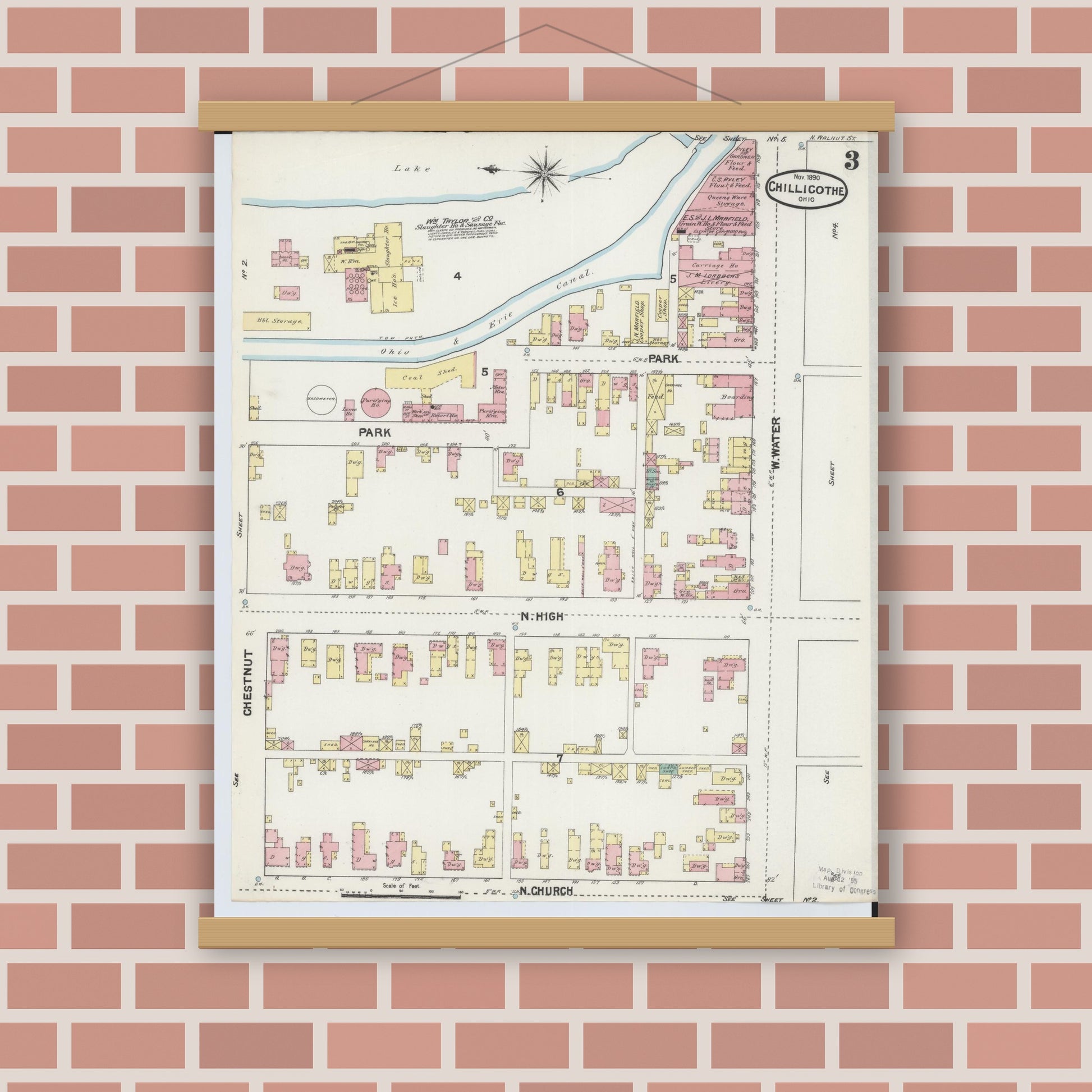 Old map wall art mockup — magnetic wood frame on brick wall — Sanborn Fire Insurance Map from Chillicothe, Ross County, Ohio (1890), Sheet #0003
