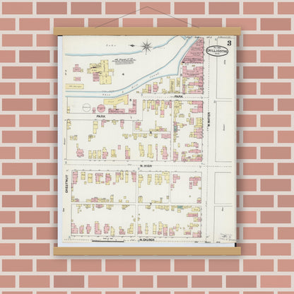 Old map wall art mockup — magnetic wood frame on brick wall — Sanborn Fire Insurance Map from Chillicothe, Ross County, Ohio (1890), Sheet #0003