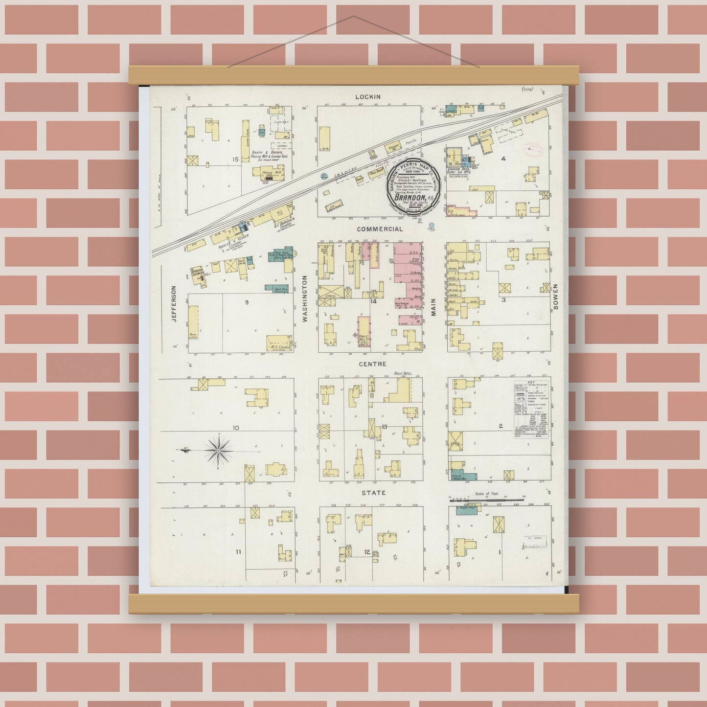 Old map wall art mockup — magnetic wood frame on brick wall — Sanborn Fire Insurance Map from Brandon, Fond du Lac County, Wisconsin (1894), Sheet #0001